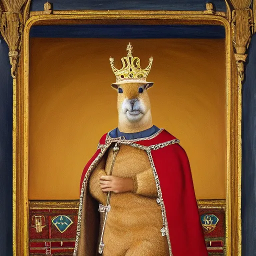 Image similar to an oil painting portrait of a capybara wearing medieval royal robes and an ornate crown on a dark background