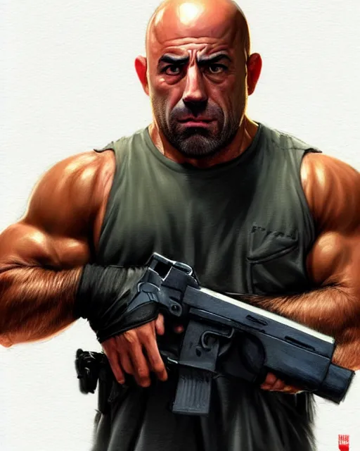 Image similar to character concept art of joe rogan in the movie training day, key visual, realistic shaded perfect face, fine details by stanley artgerm lau, wlop, rossdraws, james jean, andrei riabovitchev, marc simonetti, and sakimichan, trending on artstation