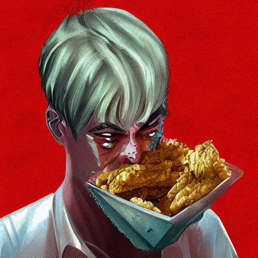 Image similar to sad man with crying eyes eating fried chicken, digital painting, artstation, rule of thirds