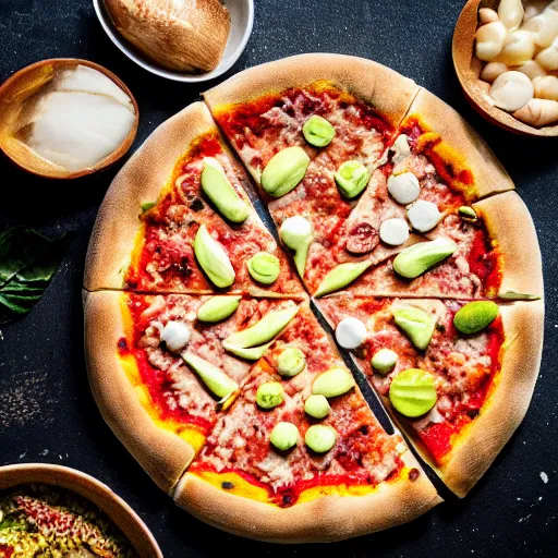 Prompt: a 🍕 made entirely out of 🥥 , 🥥 🍕 hybrid, 4k food photography