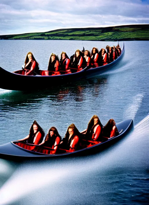 Image similar to photo of viking women in speed boats invading scottland, hyperrealism, fujifilm velvia 5 0