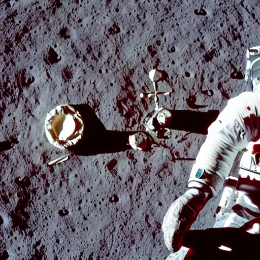 Image similar to a photo of an astronaut on the moon without his helmet, eating garlic bread, with knife and fork. | red tablecloth | earth in background | grey moon craters | 1 9 6 9 apollo 1 1 landing | 1 2 0 mm wide shot | clear details