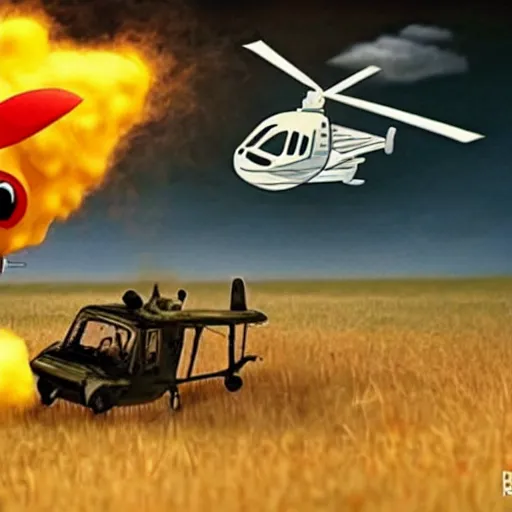 Image similar to macaroni and cheese monster attacking a helicopter. Still from a big budget action movie.