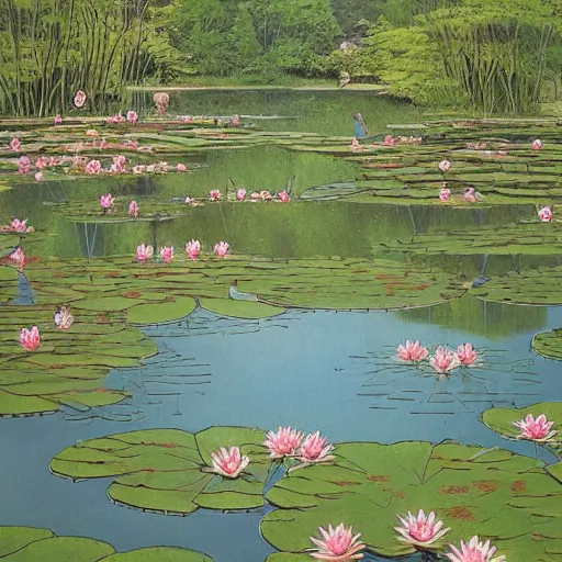 Image similar to a beautiful painting of a waterlily pond by Geof Darrow, Trending on artstation