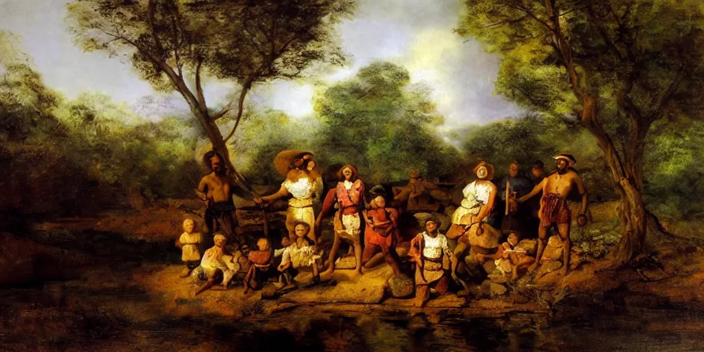 Prompt: a family of maroons on a mesic island, 1800s, realistic, detailed, oil painting by Ernest deutsch, Rembrandt, dramatic lighting, smooth, oil on canvas,