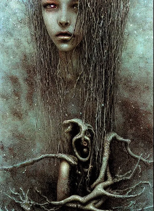 Prompt: lovecraftian teen girl by Beksinski and Luis Royo