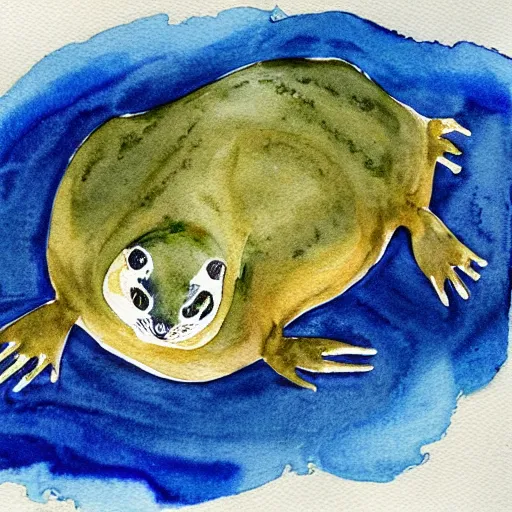 Prompt: “cave salamanders swarming over a baby seal, watercolor painting”