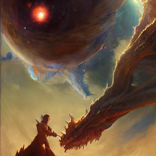 Prompt: Blue dragon devouring an earth like planet in space, sun system, nebula in the background, oil painting, by Fernanda Suarez and Edgar Maxence and Greg Rutkowski