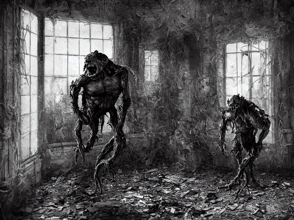 Image similar to mutant hunchback creature lurking in the corner of a room in an abandoned building, dirty windows, debris, tentacle beast, dust, bleak apocalyptic style, creepypasta, ominous vibe, sharp fangs