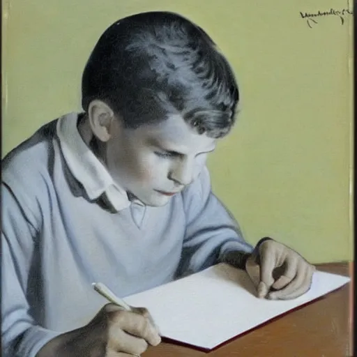 Image similar to 1950 painting of a boy writing a letter