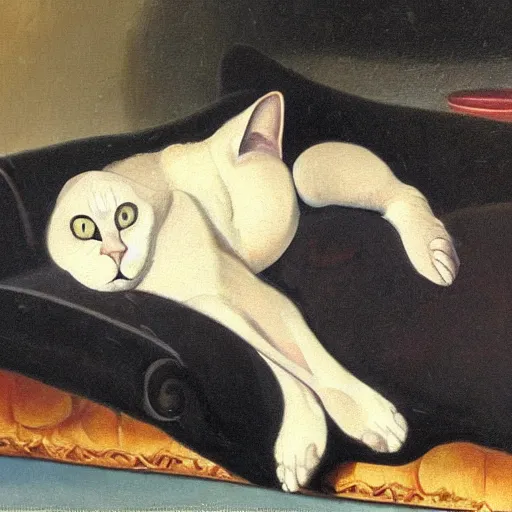 Image similar to detailed oil painting of a cat resting on a couch, 1 9 th century, by mirai mizu, by ralph bakshi, by caravaggio, by georgia o keeffe