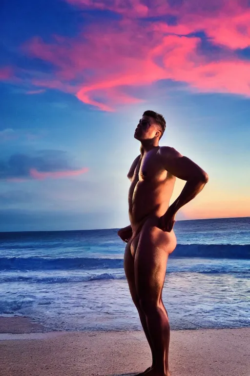 Image similar to beautiful curvy man posing on beach dramatic sunset sun page 3 moisture sweating gorgeous muscular cinematic lighting