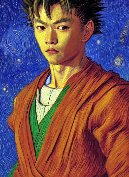 Prompt: formal portrait of goku, realistic, detailed, artstation, digital painting by vincent van gogh, by eugene de blaas, by francois - leon benouville