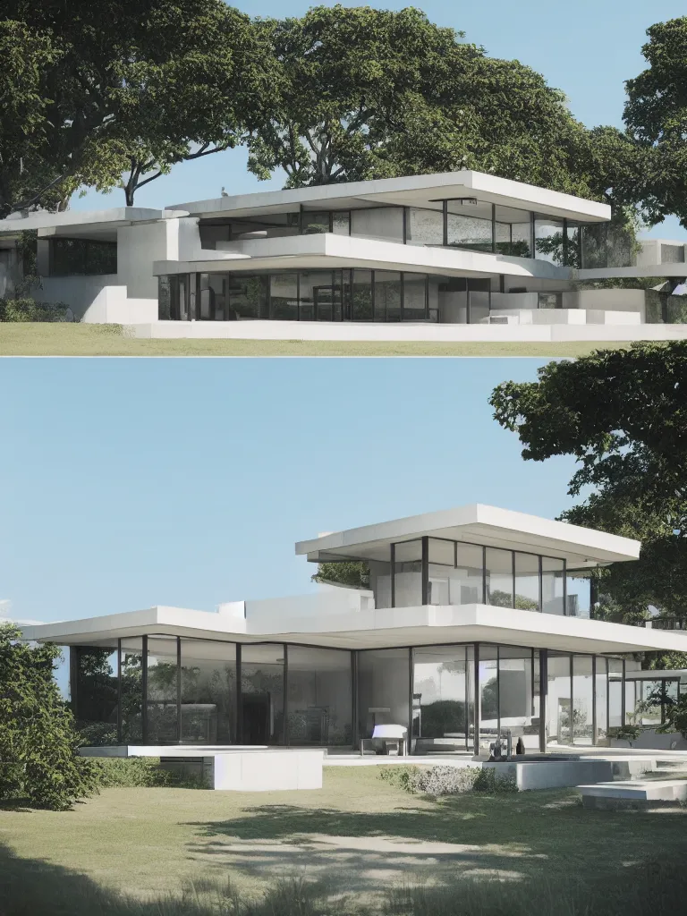 Image similar to “A mid-century stahl house by Pierre Koenig, trending on artstation, octane render, cgsociety, digital art”