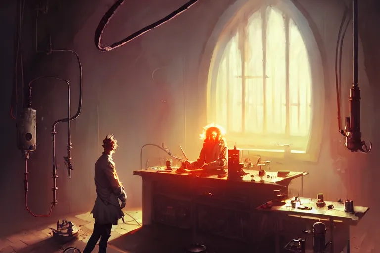 Image similar to mad scientist by otto dix and greg rutkowski and andreas rocha, cinematic lighting, highly detailed, warm colours, 4 k