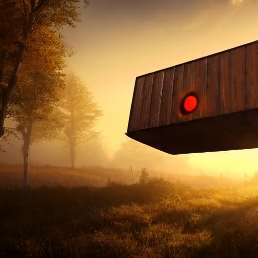 Prompt: a walking wood and metal house with two mechanical legs and two glowing eyes, rust, hyperrealistic, pareidolia, highly detailed, cinematic, single ray of sun, morning, fog, city in background, beautiful, cgssociety, artstation, 8 k, oil painting, digital art