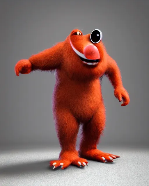 Image similar to 3 d render of completely red hairy friendly antropomorphic cartoony creature wearing chrome shades, without nose, full body, in the style of pixar, white background, unreal engine 5, octane render, highly detailed hdr