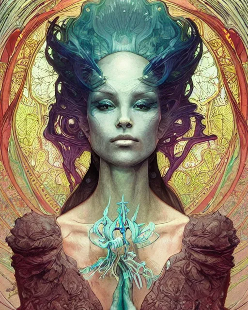 Image similar to centered portrait of a angry rotten beautiful female growing ornamentation all around, ornate, ornaments, detailed, symmetrical, end of the world, elegant, beautifully soft lit, by wayne barlowe, peter mohrbacher, kelly mckernan, alphonse mucha