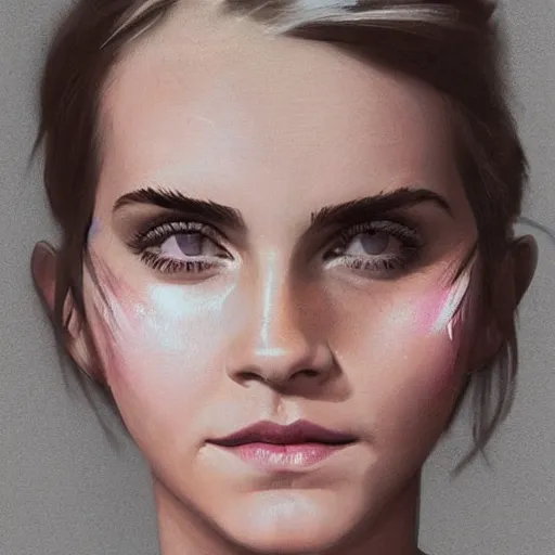 Image similar to Very funny Emma Watson looking like an old monkey, colorful painting on grey scale face, powerful , magic, thunders, dramatic lighting, intricate, wild, highly detailed, digital painting, artstation, concept art, smooth, sharp focus, illustration, art by artgerm and greg rutkowski and alphonse mucha, footage