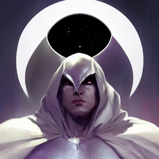 Prompt: portrait of Moon Knight by Stanley Artgerm Lau, WLOP, Rossdraws, James Jean, Andrei Riabovitchev, Marc Simonetti, Yoshitaka Amano, ArtStation, CGSociety,