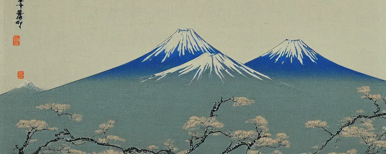 Image similar to a japanese painting a beautiful view of mount fuji