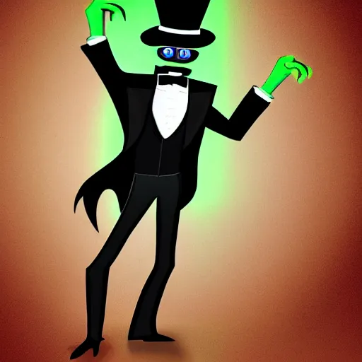 Image similar to tall, skinny, four - armed evil alien voodoo doctor wearing a black neon green tuxedo and top hat