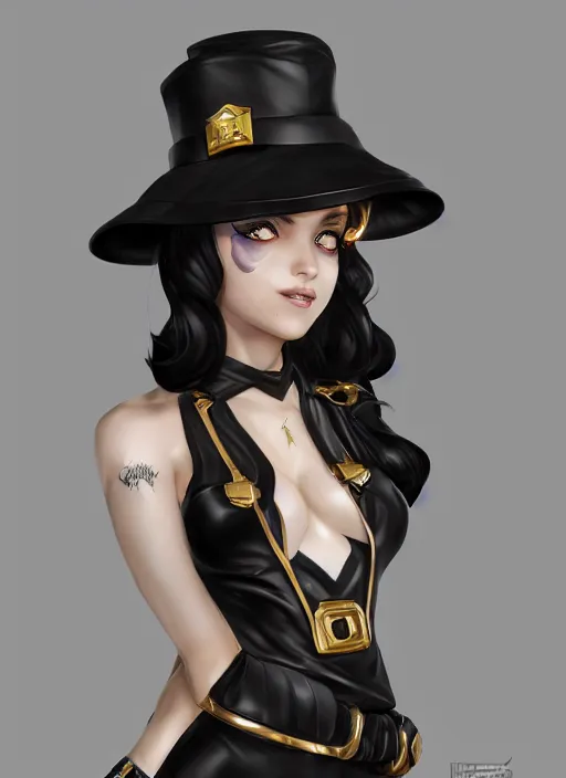 Prompt: caitlyn from league of legends, wearing black dress police hat, pearl skirt, hyper detailed, digital art, trending in artstation, cinematic lighting, studio quality, smooth render, unreal engine 5 rendered, octane rendered, art style by klimt and nixeu and ian sprigger and wlop and krenz cushart