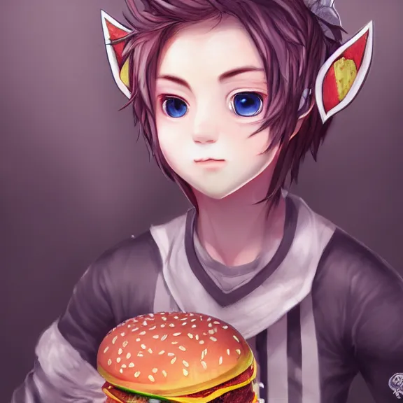 Image similar to blushing emo boy with cat ears and tail eating burger, fantasy artwork, award winning, hyper detailed, very very very very very very very very very very very very very very very very very beautiful, studio lighting, artstation