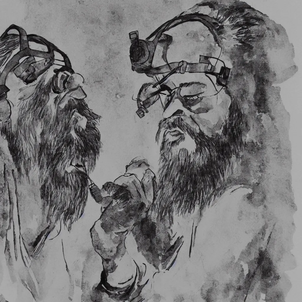 Image similar to confucius wearing vr headset, chinese ink painting