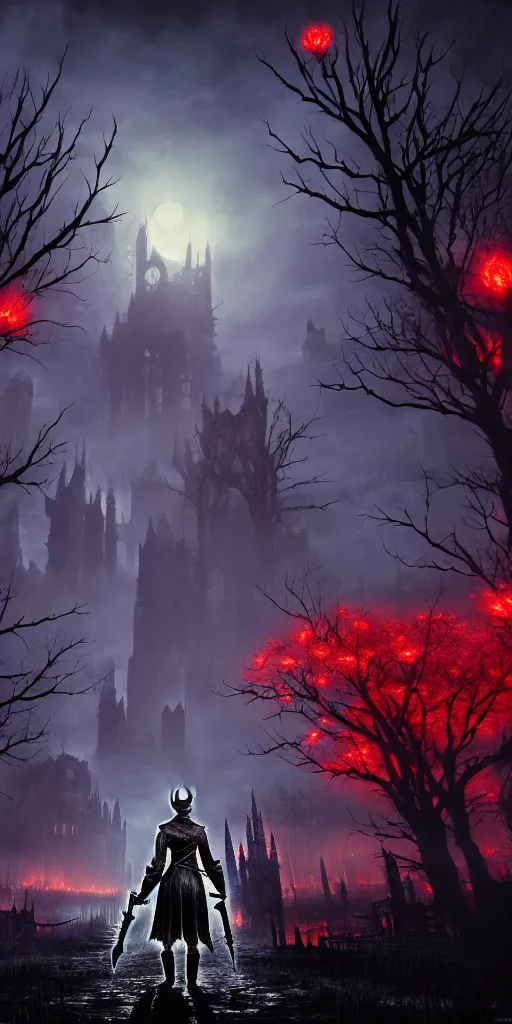 Image similar to populated bloodborne old valley with a obscure person at the centre and a ruined gothic city in the background, trees and stars in the background, falling red petals, epic red - orange moonlight, perfect lightning, wallpaper illustration by niko delort and kentaro miura, 4 k, ultra realistic