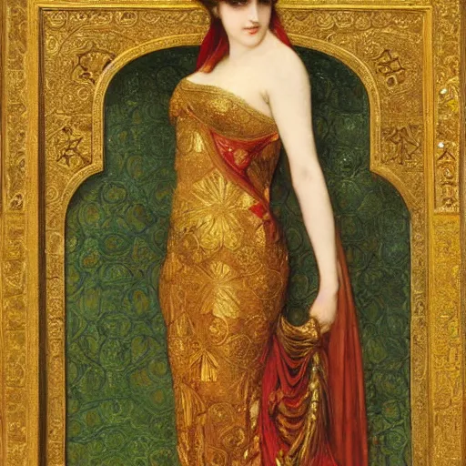 Image similar to a queen in a gold dress, ancient, arabic art, oil painting, otomo, amano, bouguereau, gustave moreau