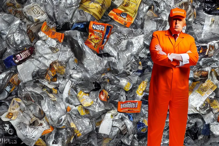 Image similar to award winning photo of Donald Trump, wearing an orange jumpsuit, behind prison bars, surrounded by used McDonald's wrappers, dramatic, hd, 4k, 35mm, f/22