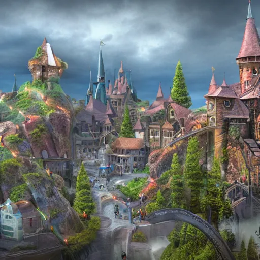 Prompt: little magical town for wizards and people with magic, realistic, 8 k, extremely detailed, cgi, trending on artstation, hyper - realistic render