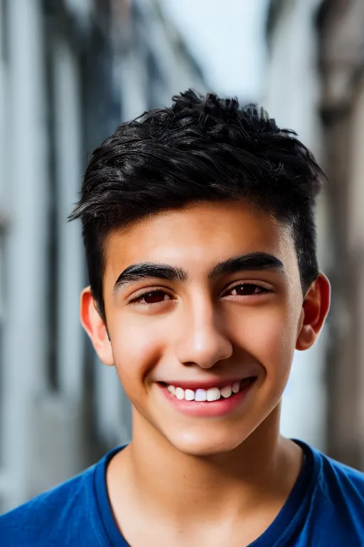 Prompt: close up headshot of an androgynous Hispanic teen boy with medium length slightly wavy black hair a wide smile brown eyes a small nose tidy plucked eyebrows dark brown eyes and a diamond shaped face, high resolution film still, 8k, HDR color