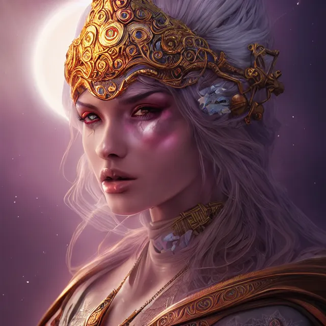 Image similar to beautiful elemental moon witch with ornate robes and staff, highly detailed, 4 k, hdr, smooth, sharp focus, high resolution, award - winning photo, artgerm, photorealistic