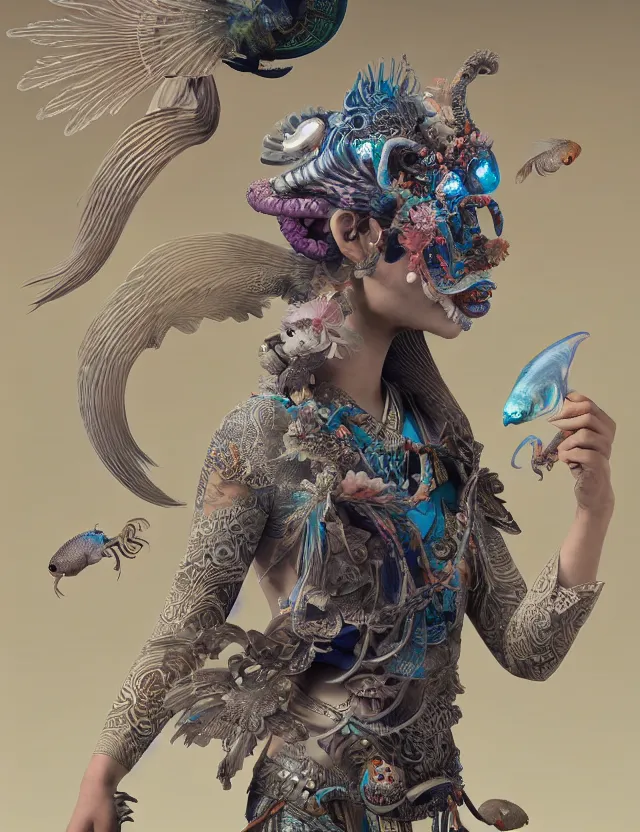 Image similar to 3 d goddess bottom - up with ram skull. beautiful intricately detailed japanese crow kitsune mask and clasical japanese kimono. betta fish, jellyfish phoenix, bio luminescent, plasma, ice, water, wind, creature, artwork by tooth wu and wlop and beeple and greg rutkowski