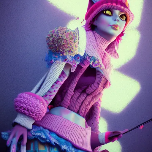 Image similar to knit candypunk witch, high - quality, character design!!!! beautiful lighting, magicpunk, dollpunk, 1 6 k, oled, octane, redshift, hyper detailed, excellent detail