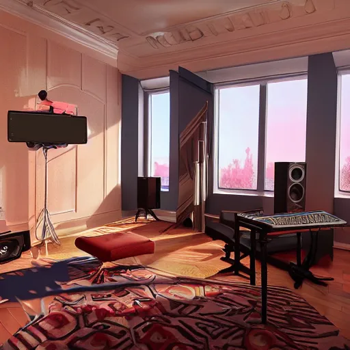 Image similar to A screenshot of a Virtual Reality music studio, living room vibe, Paris hotel style, red velvet furniture, light rays coming out of the windows, raytracing, highly detailed, futuristic, unreal engine 5, photoscanned, photorealistic,