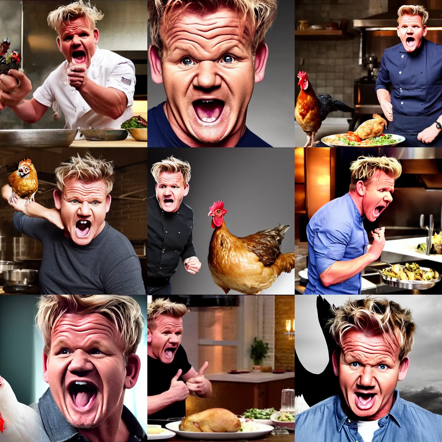 Prompt: photograph of gordon ramsay screaming at a chicken