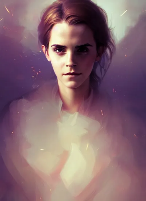 Image similar to portrait of emma watson, digital art by artgerm and greg rutkowski, gaston bussiere, sakimi chan and android jones and karol bak, cinematic lighting, trending on artstation, volumetric dust, intricate, elegant