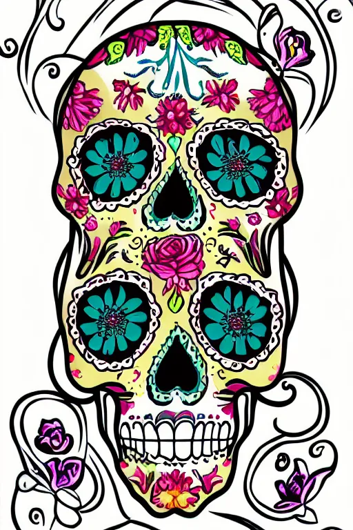 Prompt: illustration of a sugar skull day of the dead girl, art by ed repka