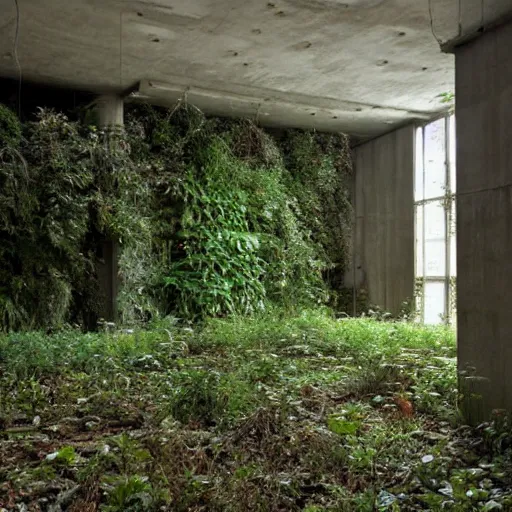 Image similar to an abandoned room in a concrete building, overgrown plants, dreamy, overcast, by hans bellmer