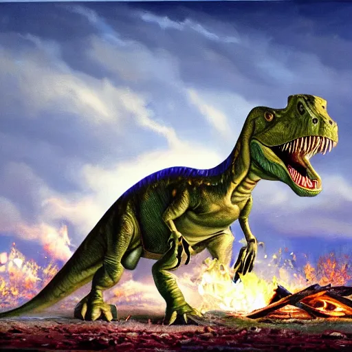 Prompt: a hype rrealistic painting a dinosaur beef on a spit, cooked