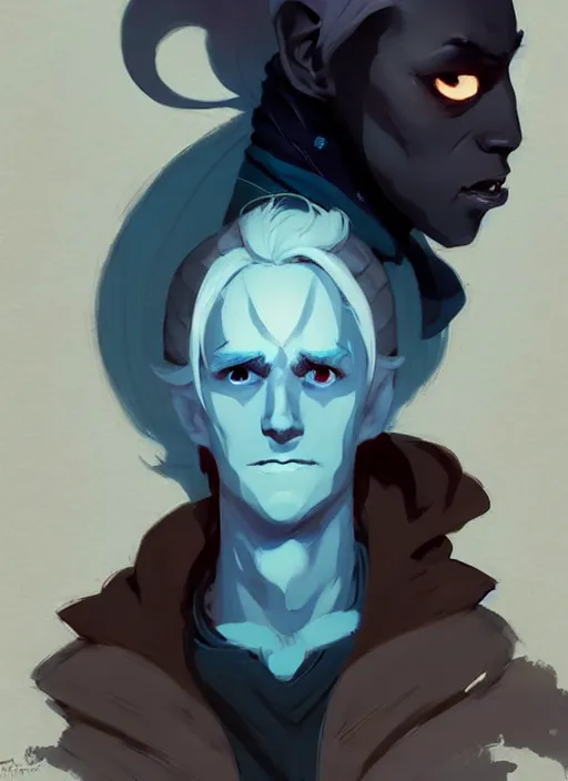 Image similar to ( ( ( ( ( portrait of male drow from dungeons and dragons. ) ) ) ) ) by atey ghailan, by greg rutkowski, by greg tocchini, by james gilleard, by joe fenton, by kaethe butcher, dynamic lighting, gradient light blue, brown, blonde cream and white color scheme, grunge aesthetic