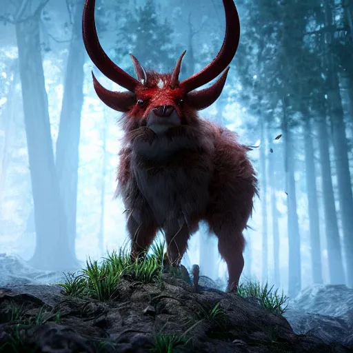 Image similar to ultrarealistic creature fluffy animal with horns and short legs and arms and red eyes, forest scene, octane render, highly detailed, cinematic lightning, epic fantasy style art