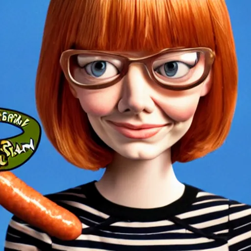 Prompt: hyperrealistic emma stone caricature surrounded by long fat frankfurter sausages by bob byerley and aardman animation, mascot, target reticles