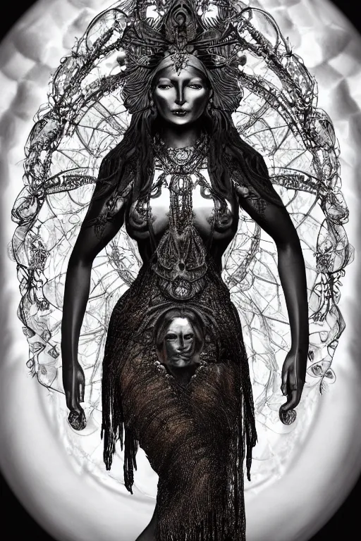 Prompt: a realistic dark photo of a beautiful ancient alien woman goddess kate moss nataraja with six hands standing in iris van herpen dress jewelery and fractals in style of alphonse mucha art nuvo dmt trending on artstation made in unreal engine 4
