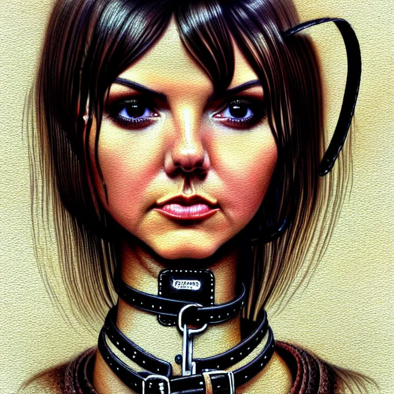 Image similar to bemused to be locked in a leather neck restraint Victoria Justice in a full frame zoom up of her face and neck looking upwards in a room of old ticking clocks, 16K resolution, complex artistic color ink pen sketch illustration, full detail, gentle shadowing, fully immersive reflections and particle effects, concept art by Artgerm, art by Range Murata, art by Studio Ghibli