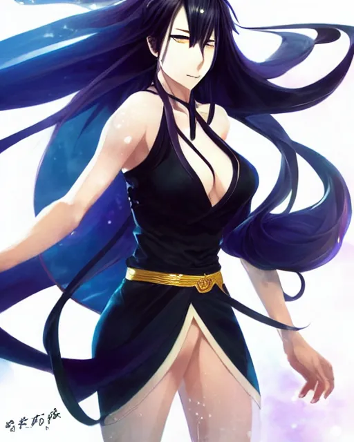 Image similar to anime character portrait of a female martial artist!! long black hair! blue eyes! kicking!! elegant, intricate outfit gold and white outfit! fine details by stanley artgerm lau, wlop, rossdraws, james jean, andrei riabovitchev, marc simonetti, and sakimichan, trembling on artstation