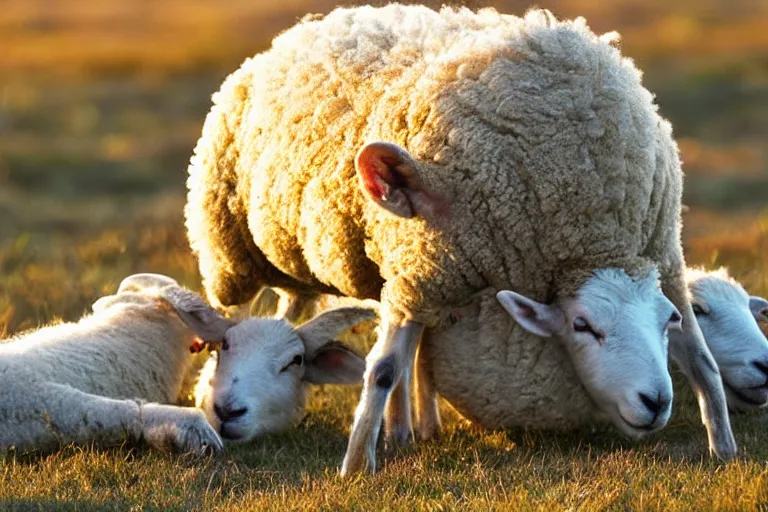 Prompt: sheep eating a wolf, national geographics, golden hour, beautiful, 6 0 0 mm
